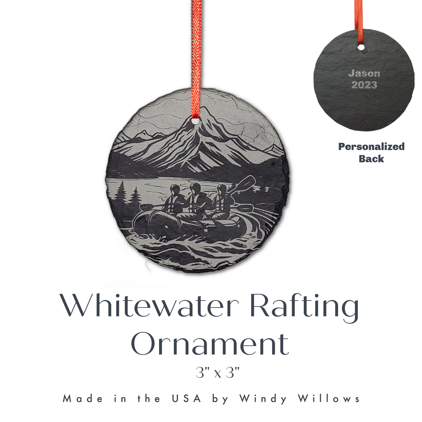 Whitewater River Rafting Ornament | 3" Raft Adventure Ornament | Personalized Rustic Christmas Slate Ornament