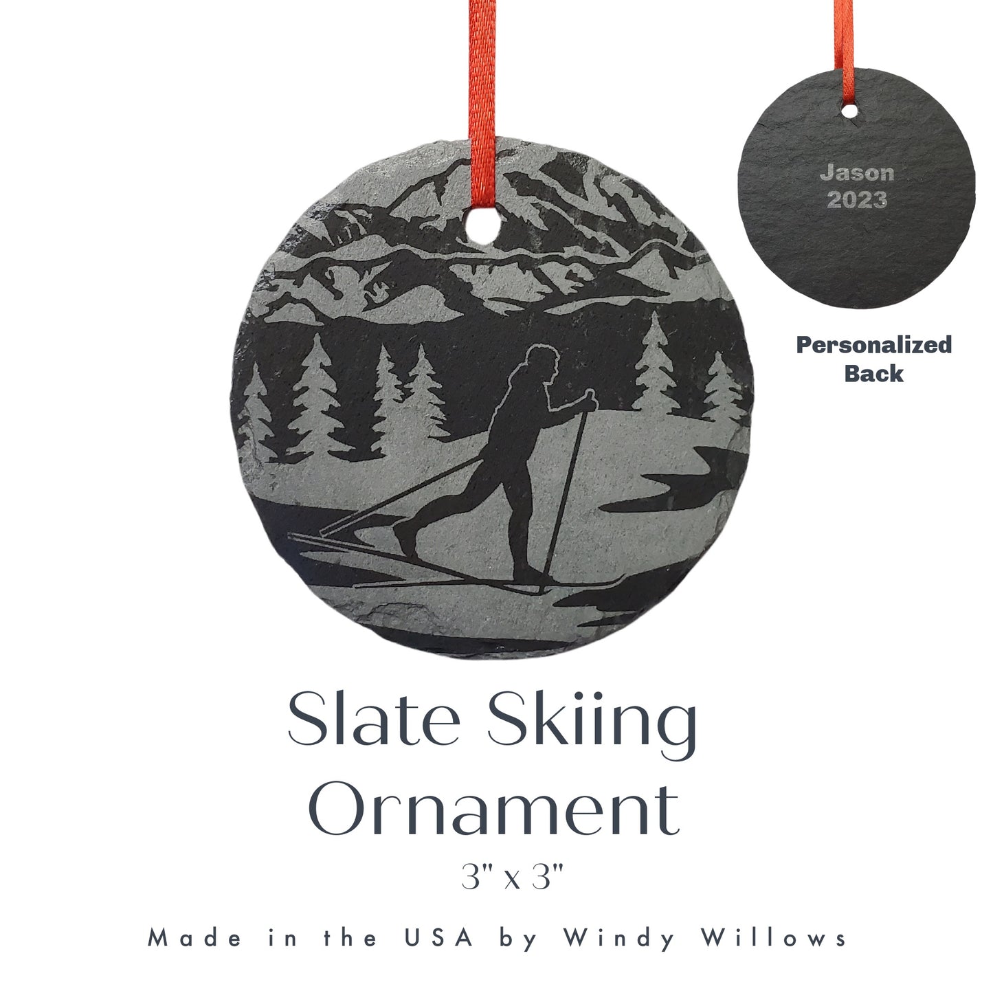 Cross Country Skiing Ornament | 3" Winter Snow Skier Ornament | Personalized Rustic Christmas Slate Decoration Custom Nature Lover gift