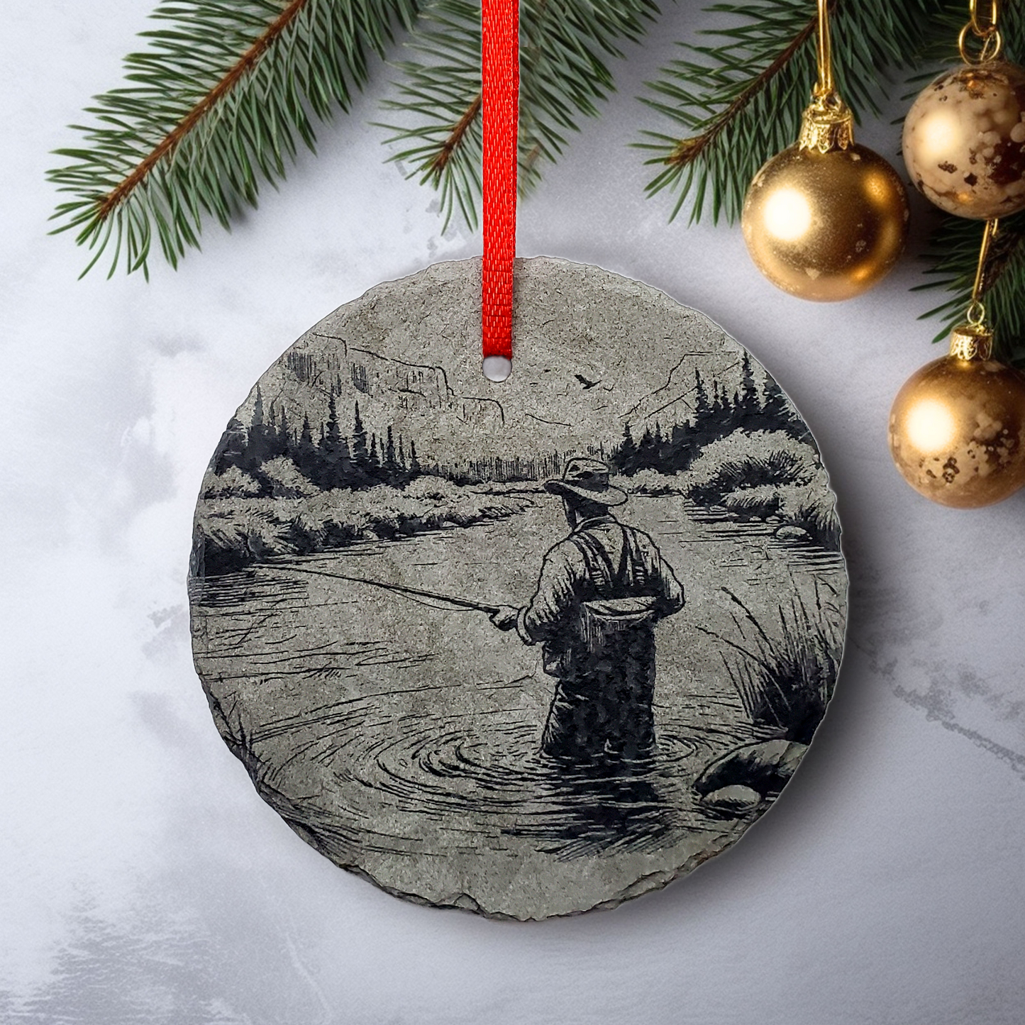 Flyfishing Ornament | 3" Fisherman Adventure Ornament | Personalized  Fishing Rustic Christmas Slate Ornament