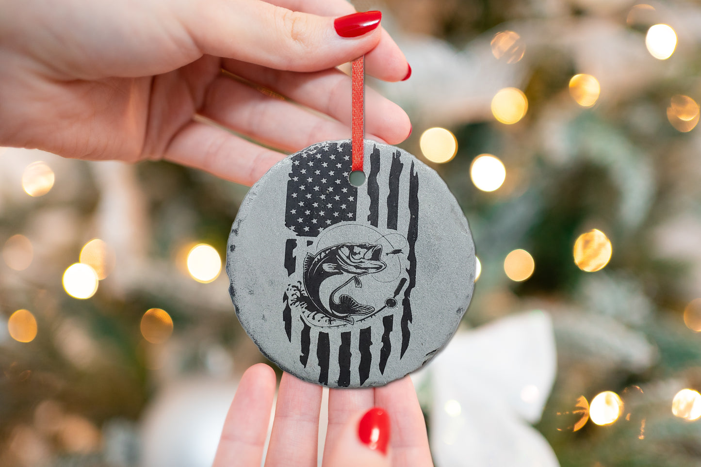 Fishing Ornament | 3" Outdoorsman Adventure Ornament | Personalized Bass Fishing Rustic Christmas Slate Ornament