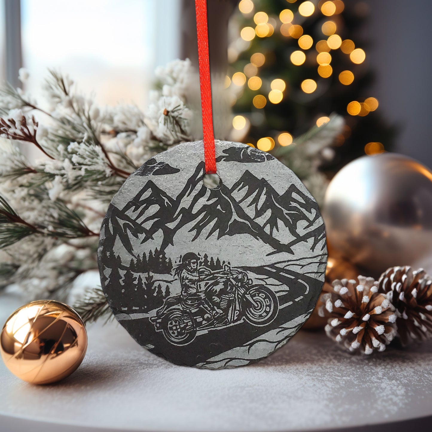 Personalized Motorcycle Biker Christmas Ornament | 3" Harley Ornament | Rustic Slate Christmas | Custom Gift for Biker  Motorcycle Lover