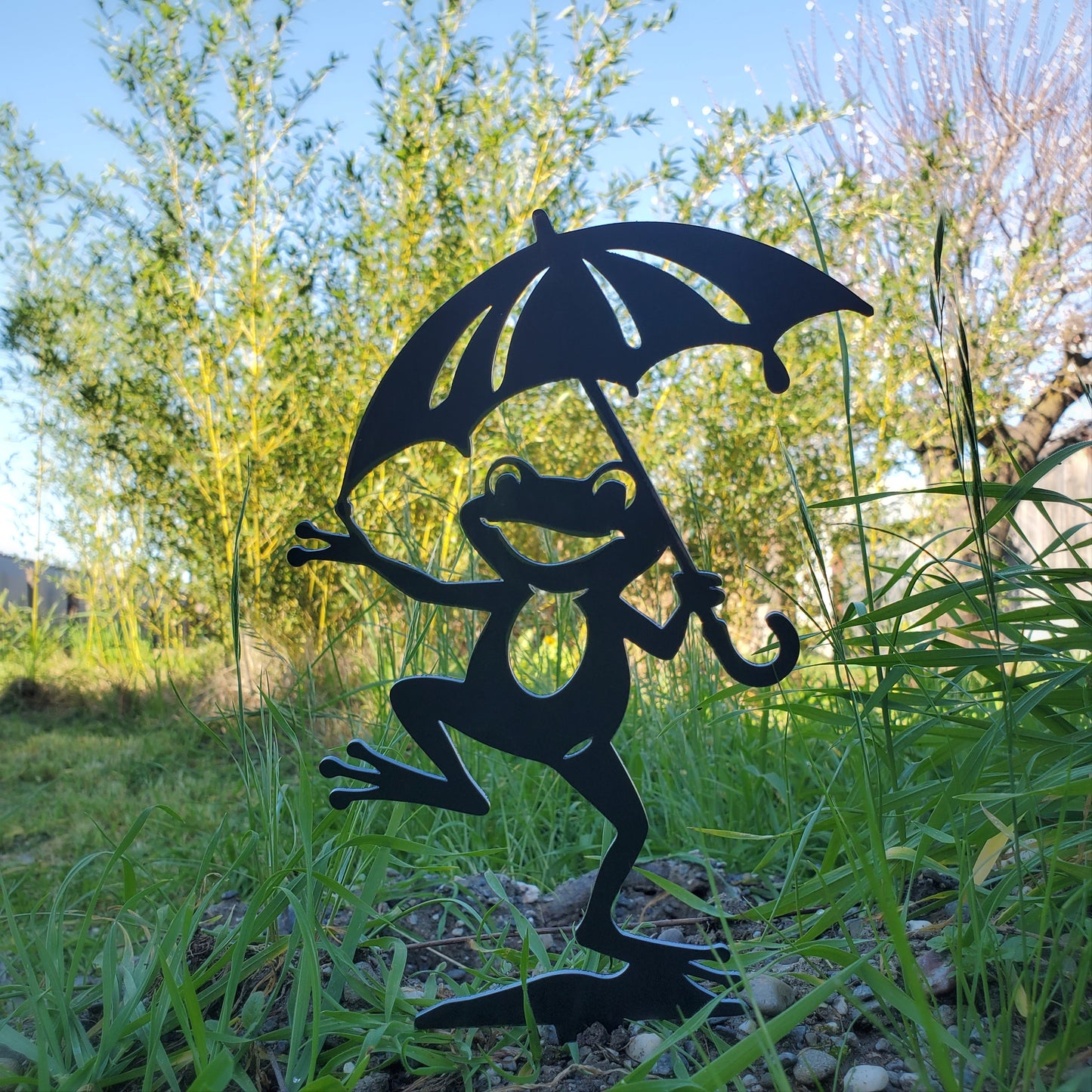 Happy Metal Frog with Umbrella Garden Stake