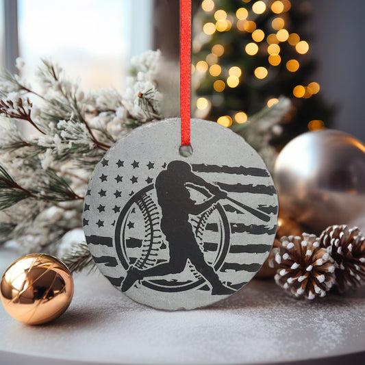 Rustic Slate Baseball Ornament | 3" Personalized Sports Christmas Ornament